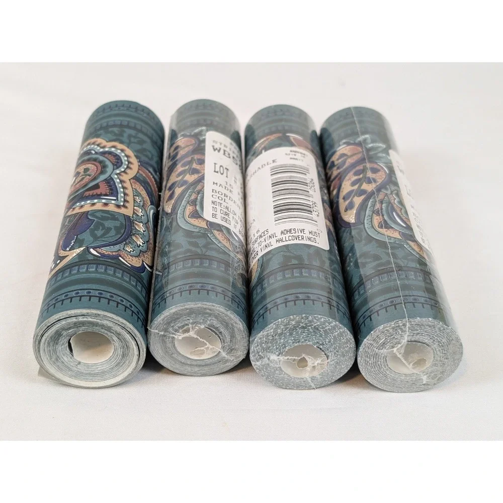 VTG 90s Green Paisley Wallpaper Border 4 Rolls Floral Vinyl Prepasted Scrubbable